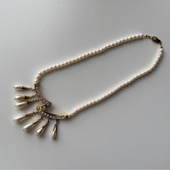 Vintage Faux Pearls Teardrop Tassels with Rhinestones Necklace - Picture 5 of 11